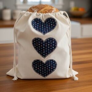 Appliqué Heart Muslin Bread Bag, Handmade Cotton Sourdough Storage, Farmhouse